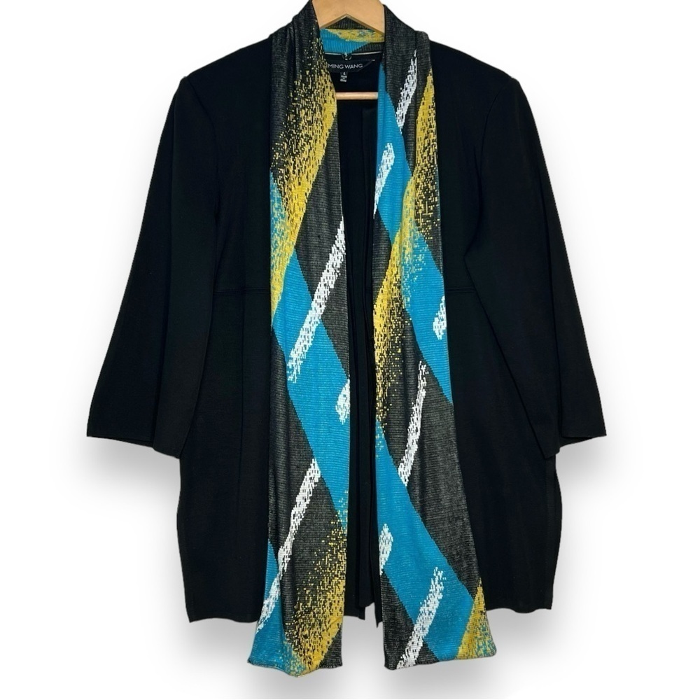 Ming Wang Open Front Jacket Women's L Large 3/4 sleeve Black Cardigan & Scarf‎